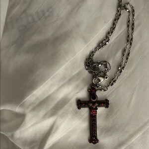 Elegant red beaded Cross Pendant Necklaceand chandelier earrings. Ayala Bar.